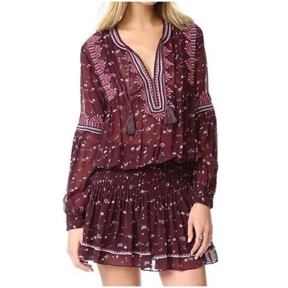 Ulla Johnson Gita Mini Dress Boho Silk Floral Embroidered Tassel Burgundy Size 4 - Picture 1 of 11